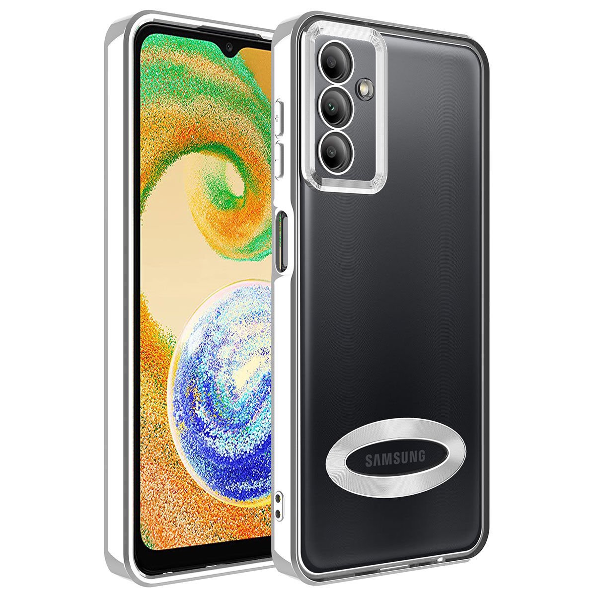 Samsung Galaxy A54 Kılıf Kamera Lens Korumalı Logo Gösteren Parlak Kenarlı Kapak (OMEGA) Gümüş