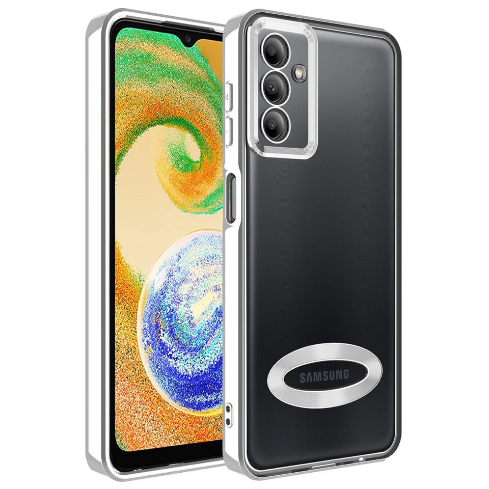 Samsung Galaxy A54 Kılıf Kamera Lens Korumalı Logo Gösteren Parlak Kenarlı Kapak (OMEGA) Gümüş