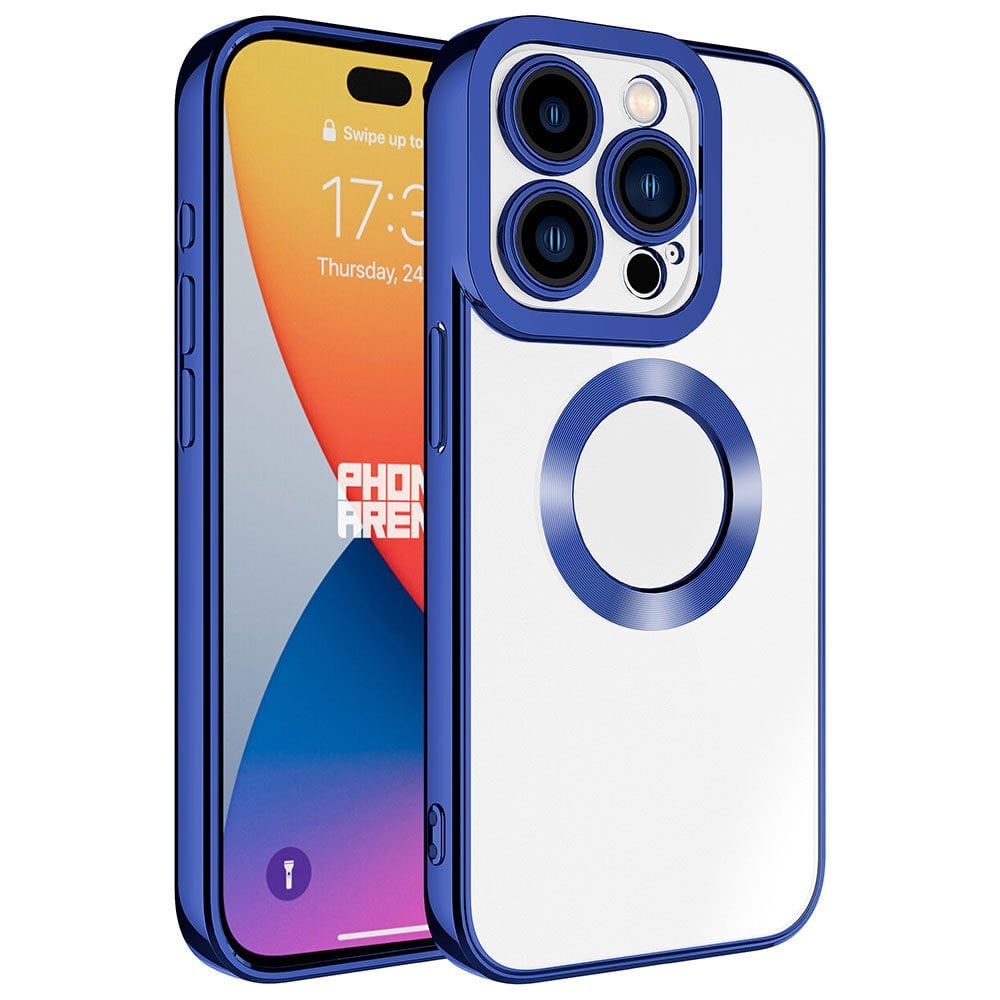 iPhone 15 Pro Max Kılıf Kamera Lens Korumalı Logo Gösteren Parlak Kenarlı Kapak (OMEGA) Midnight