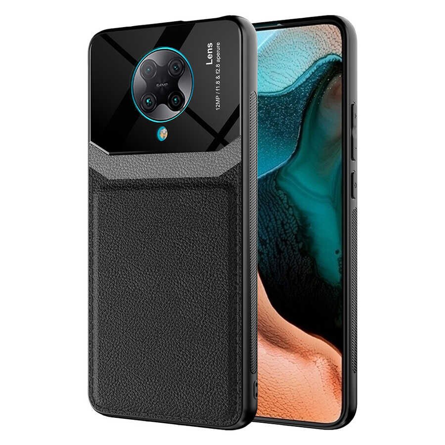 Xiaomi Poco F2 Pro Kılıf Parlak Sert Pc Deri Görünümlü Şık Tasarım Silikon Kapak (Emiks) Siyah
