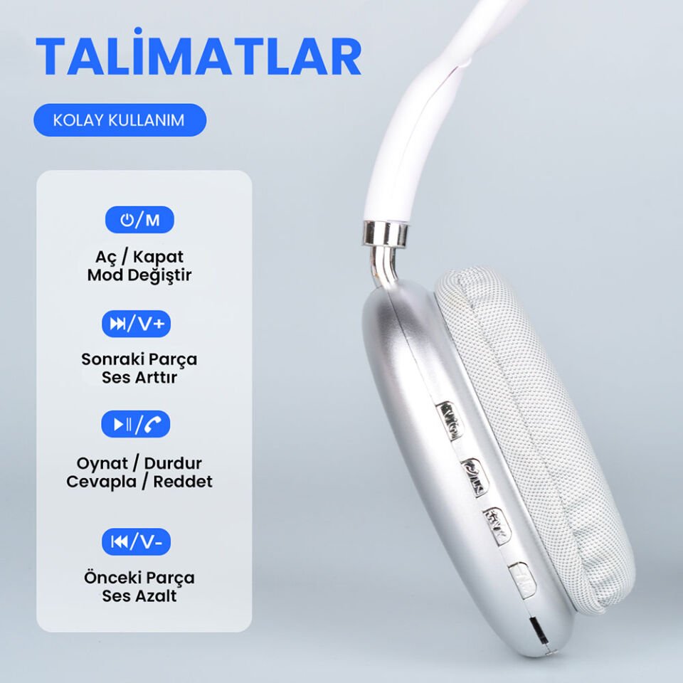 Hafif ve Portatif Kolayca Katlanıp Taşınabilir Dizayn (P94 Kulak Üstü Bluetooth Kulaklık) Beyaz