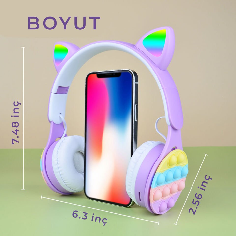 RGB Led Işıklı Kedi Kulağı Band Tasarımı Katlanabilir Kulak Üstü Bluetooth Kulaklık (B30) Mor