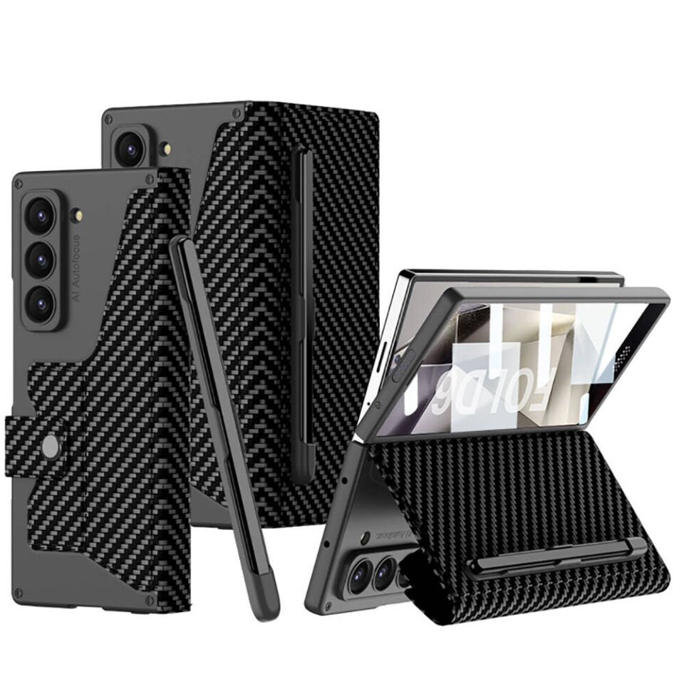 Samsung Galaxy Z Fold 6 Kılıf Kamera Korumalı Karbon Tasarımlı Kalemli Kapak (Kıpta Fest)  Siyah Karbon