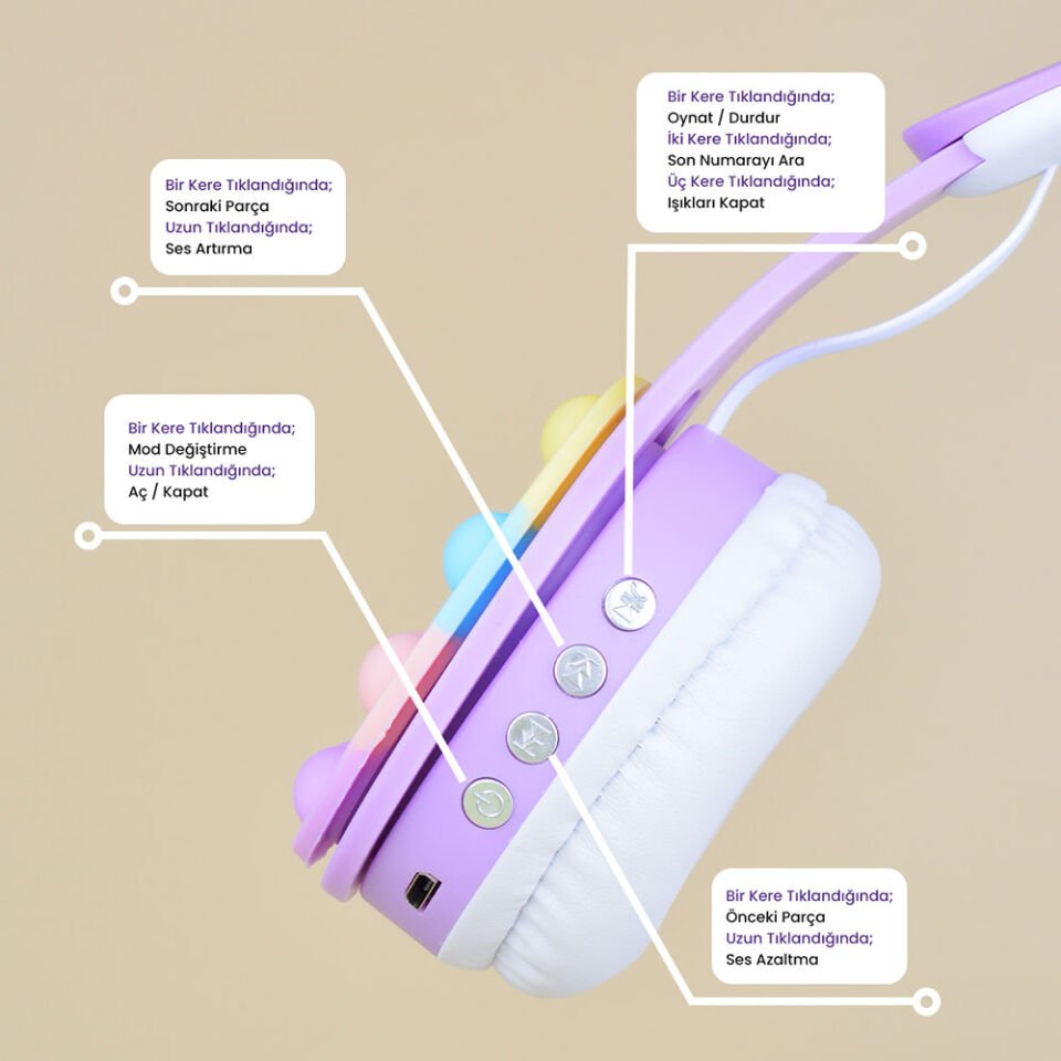 RGB Led Işıklı Kedi Kulağı Band Tasarımı Katlanabilir Kulak Üstü Bluetooth Kulaklık (B30) Pembe