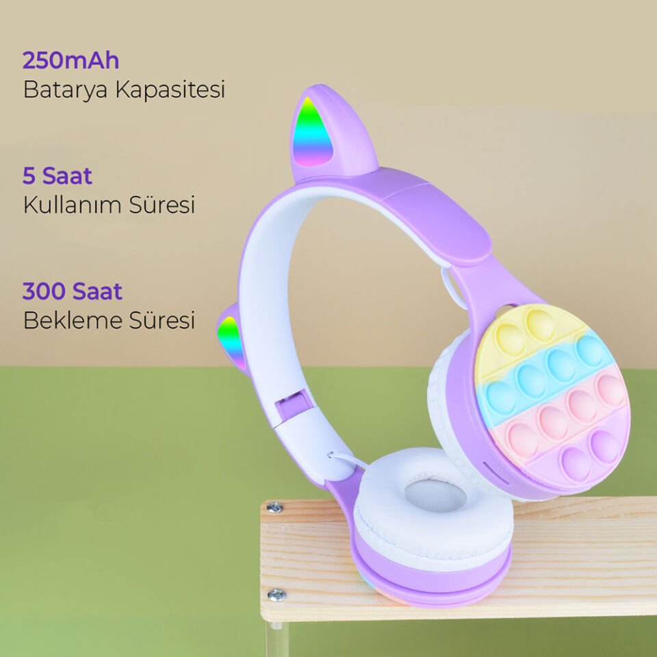 RGB Led Işıklı Kedi Kulağı Band Tasarımı Katlanabilir Kulak Üstü Bluetooth Kulaklık (B30) Pembe