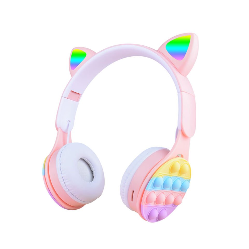 RGB Led Işıklı Kedi Kulağı Band Tasarımı Katlanabilir Kulak Üstü Bluetooth Kulaklık (B30) Pembe