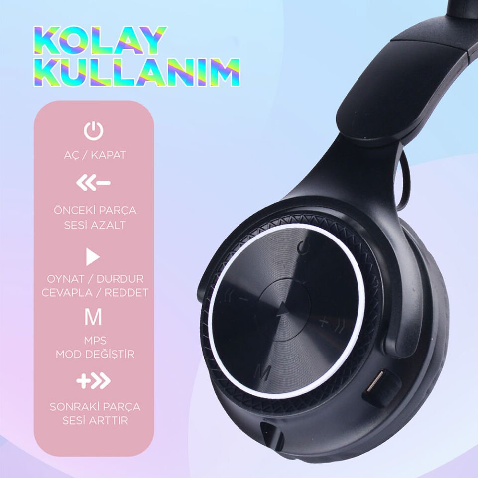 RGB Led Işıklı Kedi Kulağı Band Tasarımlı Katlanabilir Kulak Üstü Bluetooth Kulaklık (M6 Pro Cat) Siyah