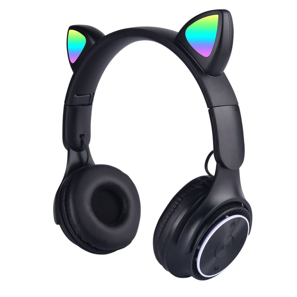 RGB Led Işıklı Kedi Kulağı Band Tasarımlı Katlanabilir Kulak Üstü Bluetooth Kulaklık (M6 Pro Cat) Siyah