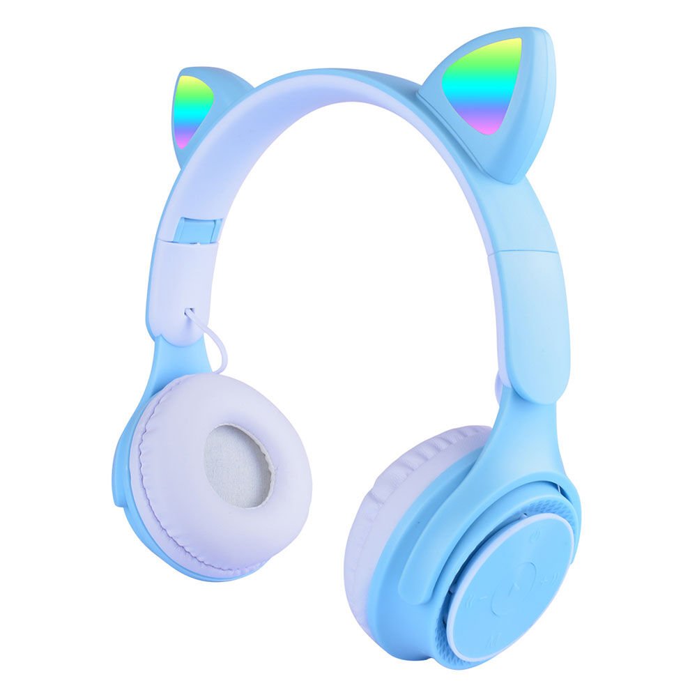 RGB Led Işıklı Kedi Kulağı Band Tasarımlı Katlanabilir Kulak Üstü Bluetooth Kulaklık (M6 Pro Cat) Mavi