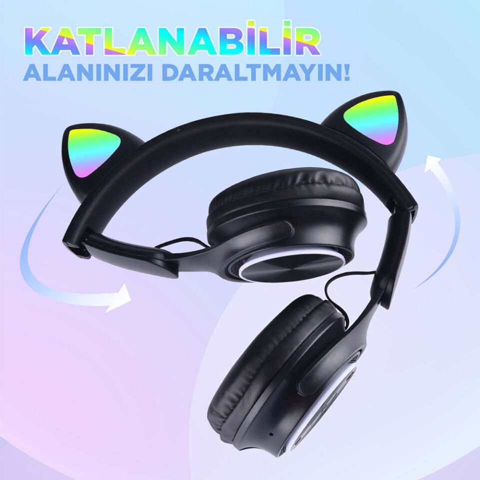 RGB Led Işıklı Kedi Kulağı Band Tasarımlı Katlanabilir Kulak Üstü Bluetooth Kulaklık (M6 Pro Cat) Pembe