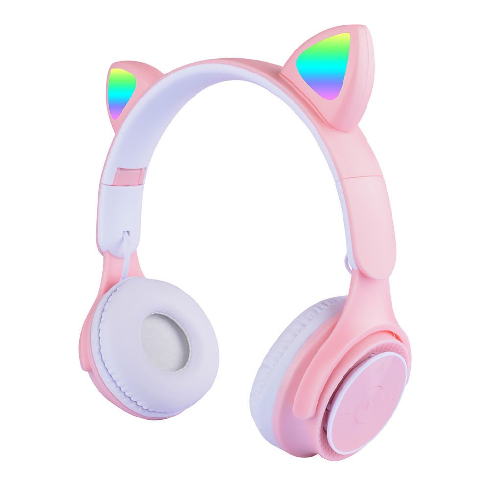 RGB Led Işıklı Kedi Kulağı Band Tasarımlı Katlanabilir Kulak Üstü Bluetooth Kulaklık (M6 Pro Cat) Pembe