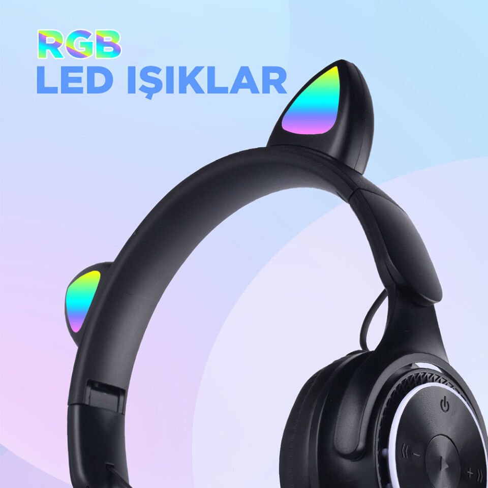 RGB Led Işıklı Kedi Kulağı Band Tasarımlı Katlanabilir Kulak Üstü Bluetooth Kulaklık (M6 Pro Cat) Beyaz