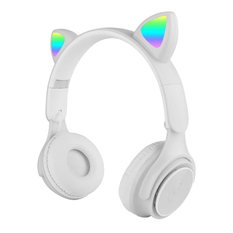 RGB Led Işıklı Kedi Kulağı Band Tasarımlı Katlanabilir Kulak Üstü Bluetooth Kulaklık (M6 Pro Cat) Beyaz