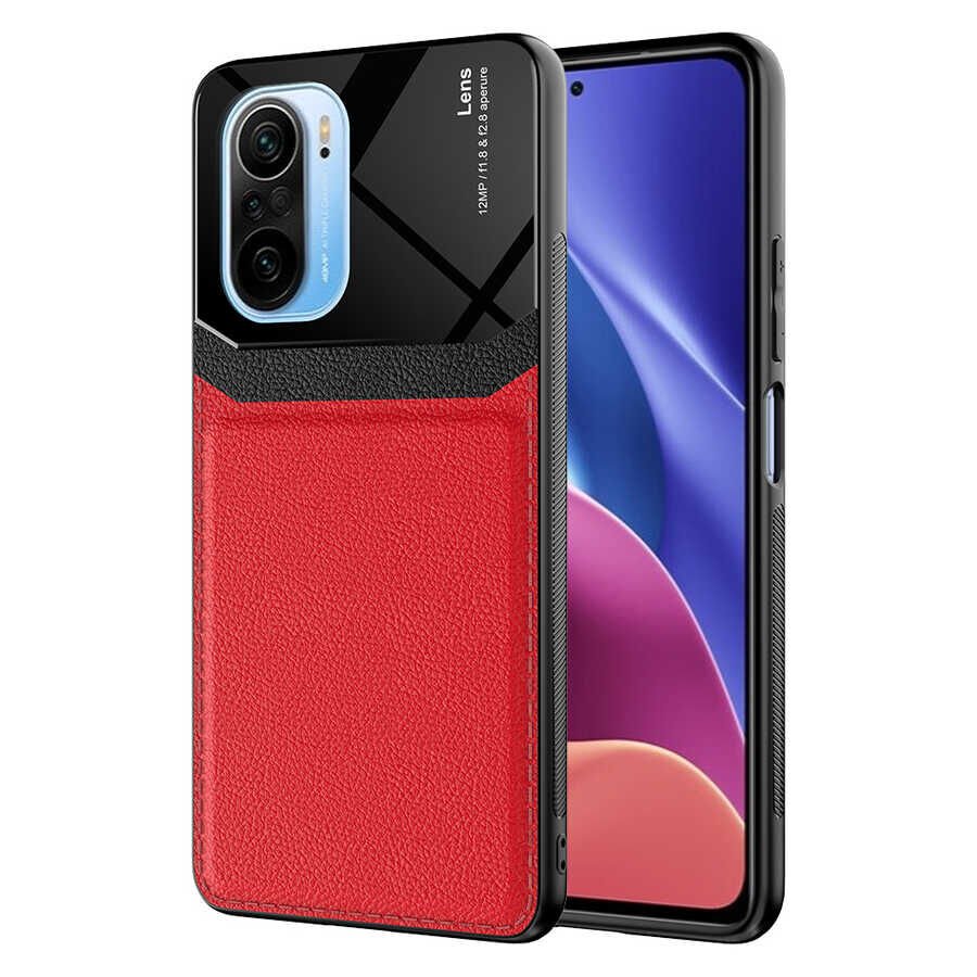 Xiaomi Redmi K40 Kılıf Parlak Sert Pc Deri Görünümlü Şık Tasarım Silikon Kapak (Emiks) Kırmızı