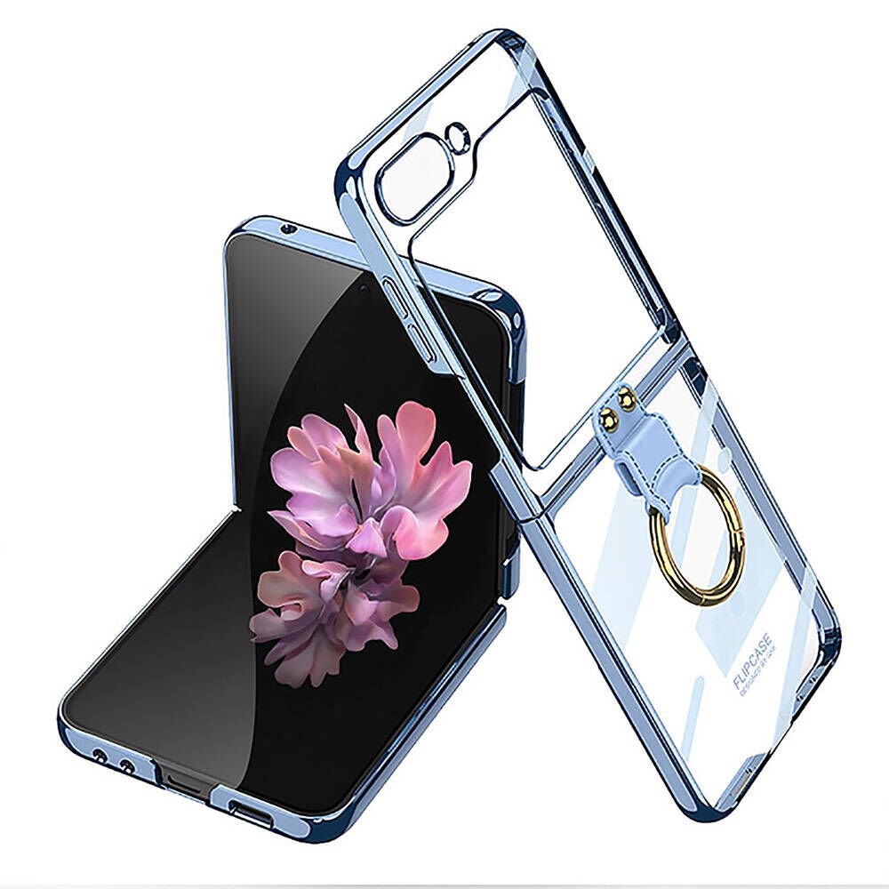 Samsung Galaxy Z Flip 6 Kılıf Yüzüklü Metal Görünümlü İnce Göz Alıcı Tasarımlı Kıpta Kapak Mavi