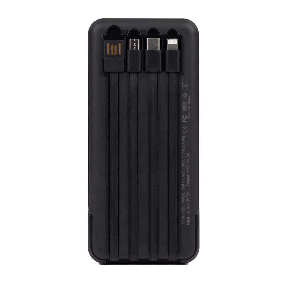Led Göstergeli Taşınabilir Powerbank 10000 mAh Type-C - Micro - Lightning  (ZR-PW01) Siyah