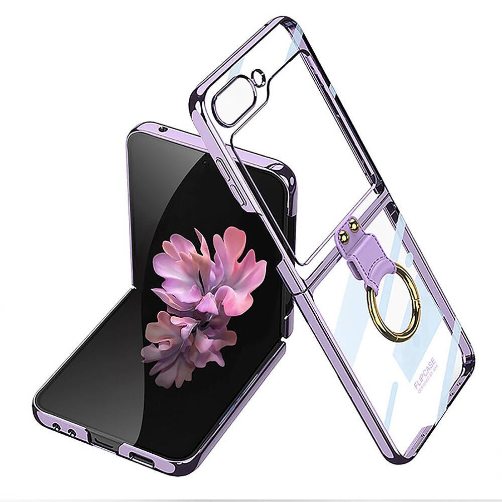 Samsung Galaxy Z Flip 6 Kılıf Yüzüklü Metal Görünümlü İnce Göz Alıcı Tasarımlı Kıpta Kapak Lila