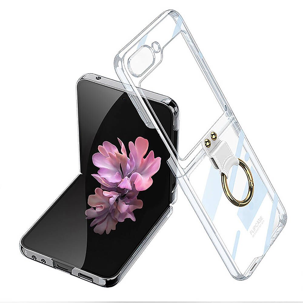 Samsung Galaxy Z Flip 6 Kılıf Yüzüklü Metal Görünümlü İnce Göz Alıcı Tasarımlı Kıpta Kapak Şeffaf
