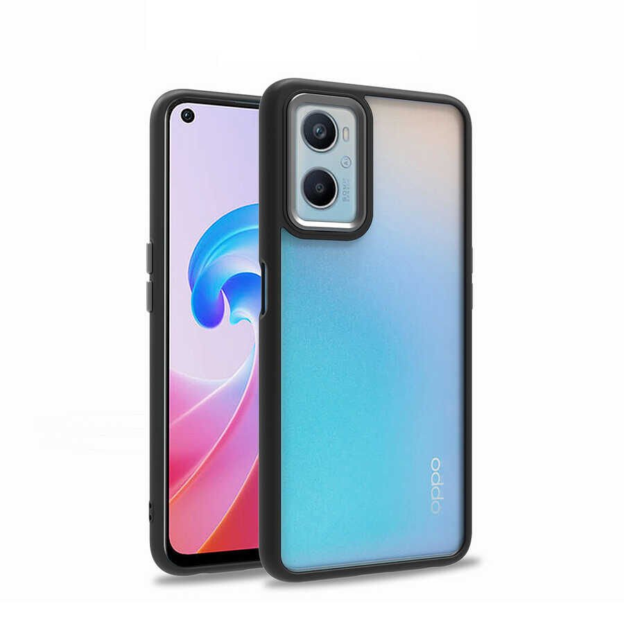 Oppo A96 4G Kılıf Kamera Çıkıntılı Arkası Şeffaf Hassas Tuşlu Kenarlı Kapak (Flora) Siyah
