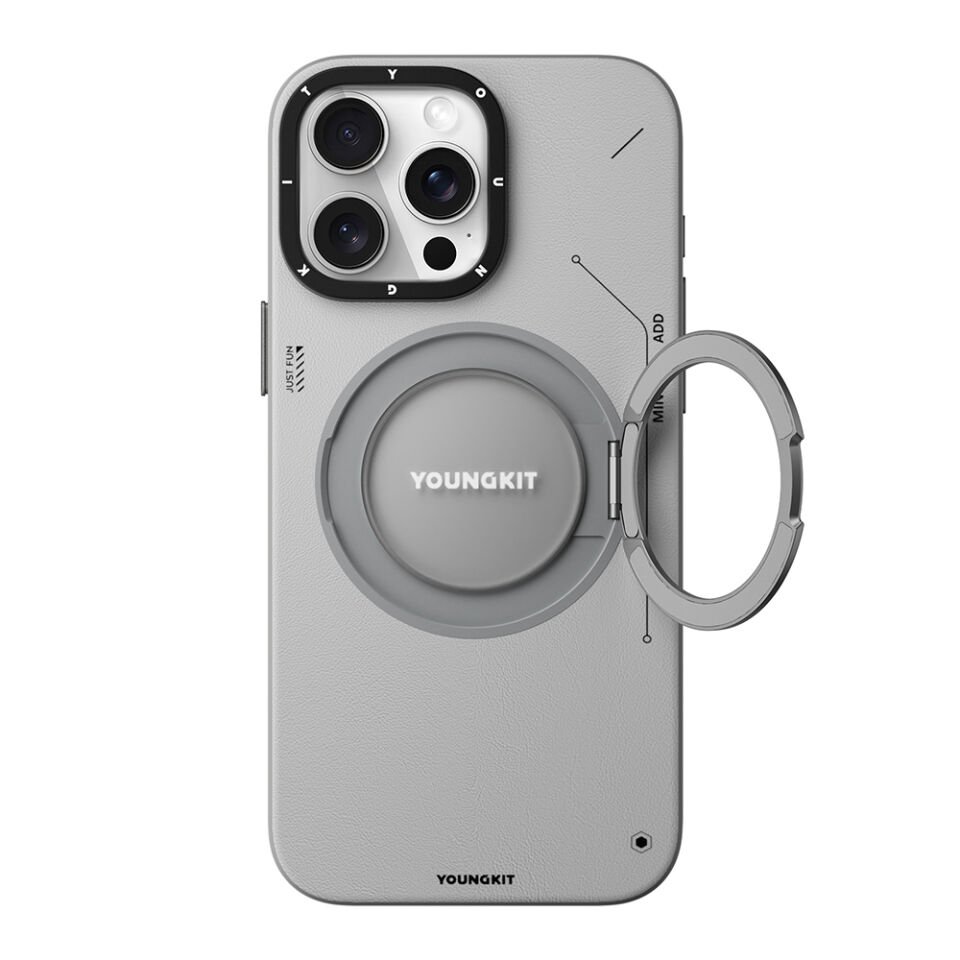 Apple iPhone 15 Pro Max Kılıf Magsafe Şarj Özellikli 360° Standlı Basit Mat Deri Desenli Youngkit Tech Leather Serisi Kapak