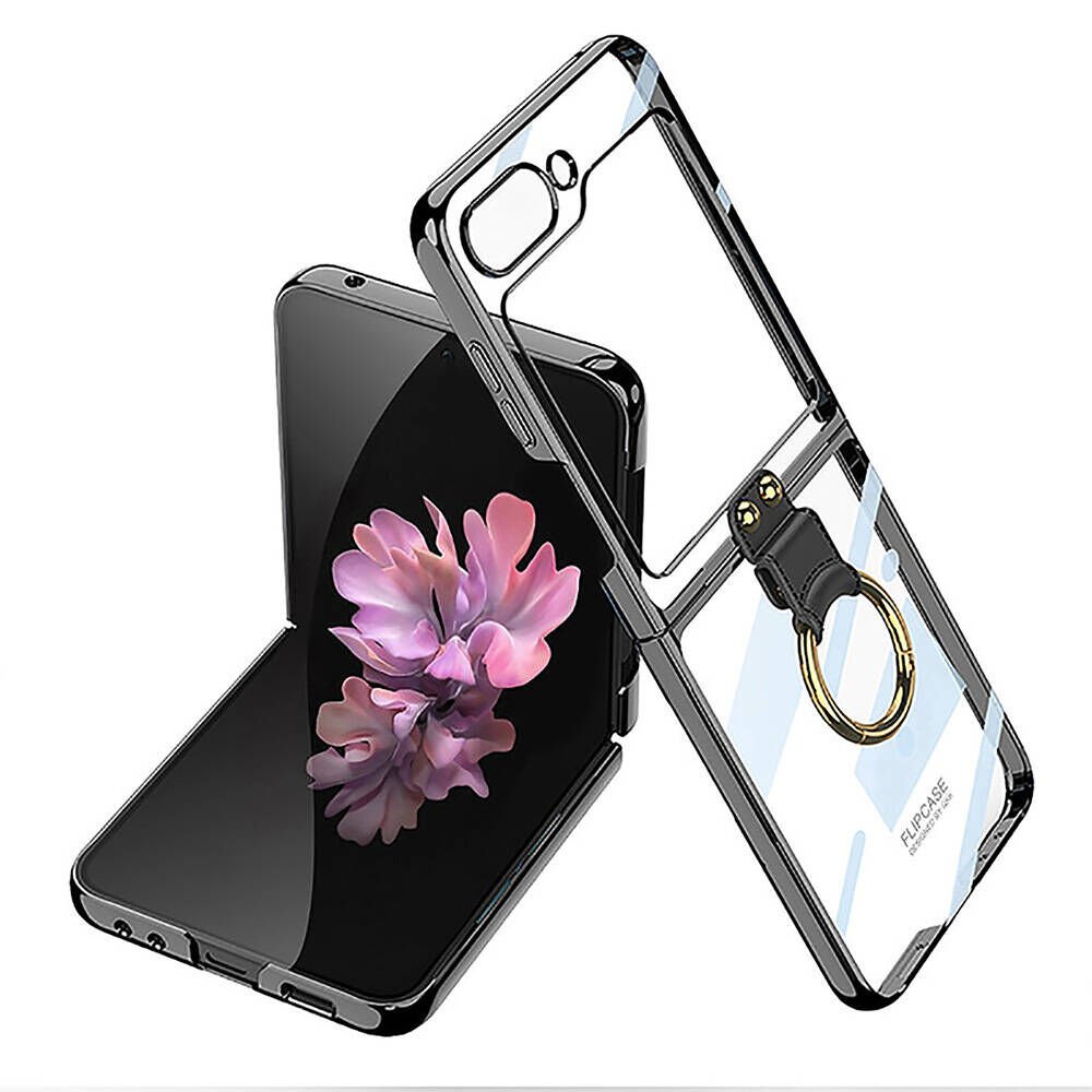 Samsung Galaxy Z Flip 6 Kılıf Yüzüklü Metal Görünümlü İnce Göz Alıcı Tasarımlı Kıpta Kapak Siyah