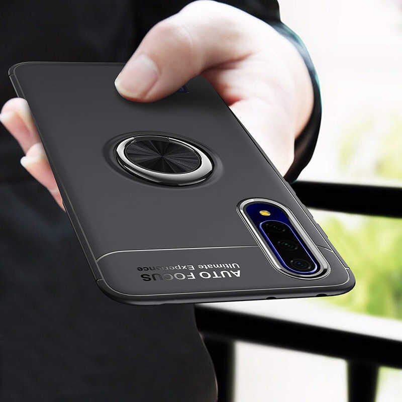 Huawei P Smart Pro 2019 Kılıf Kamera Çıkıntılı Renkli Yüzüklü Standlı Mıknatıslı Kapak (RAVEL) Siyah-Mavi