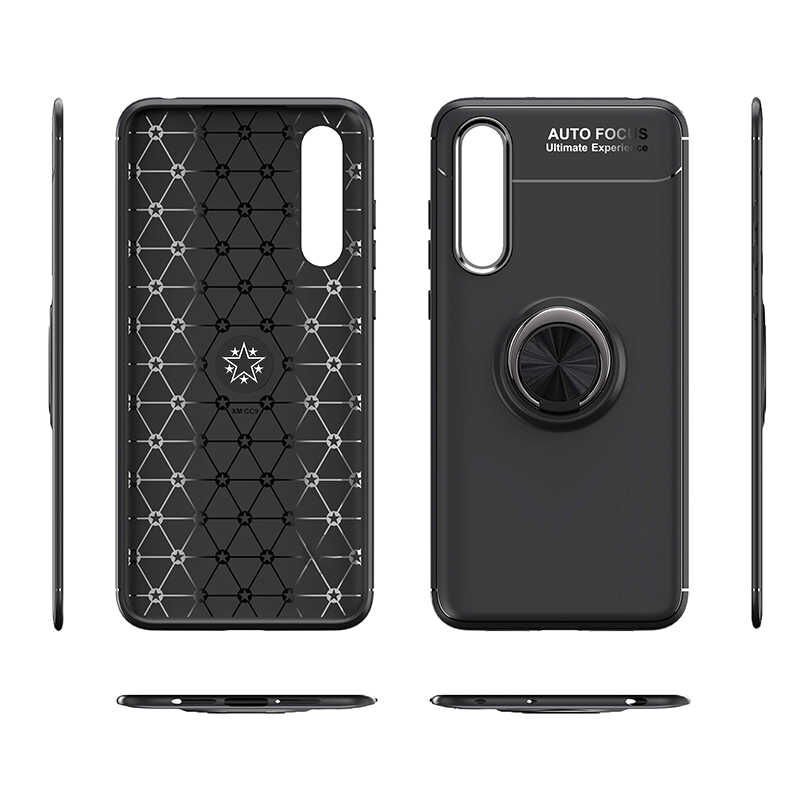 Huawei P Smart Pro 2019 Kılıf Kamera Çıkıntılı Renkli Yüzüklü Standlı Mıknatıslı Kapak (RAVEL) Siyah-Mavi