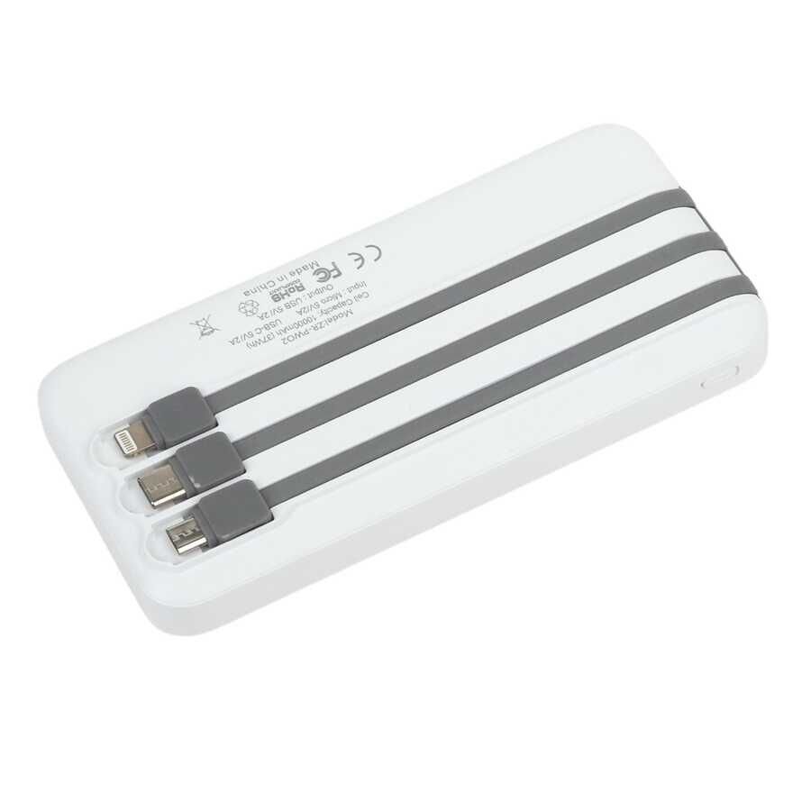 Led Göstergeli Taşınabilir Powerbank 10000 mAh Type-C - Micro - Lightning  (ZR-PW02) Beyaz