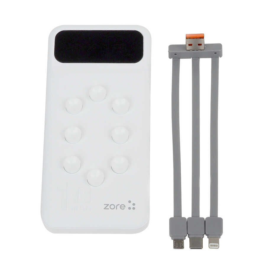 Led Göstergeli Taşınabilir Powerbank 10000 mAh Type-C - Micro - Lightning  (ZR-PW02) Beyaz