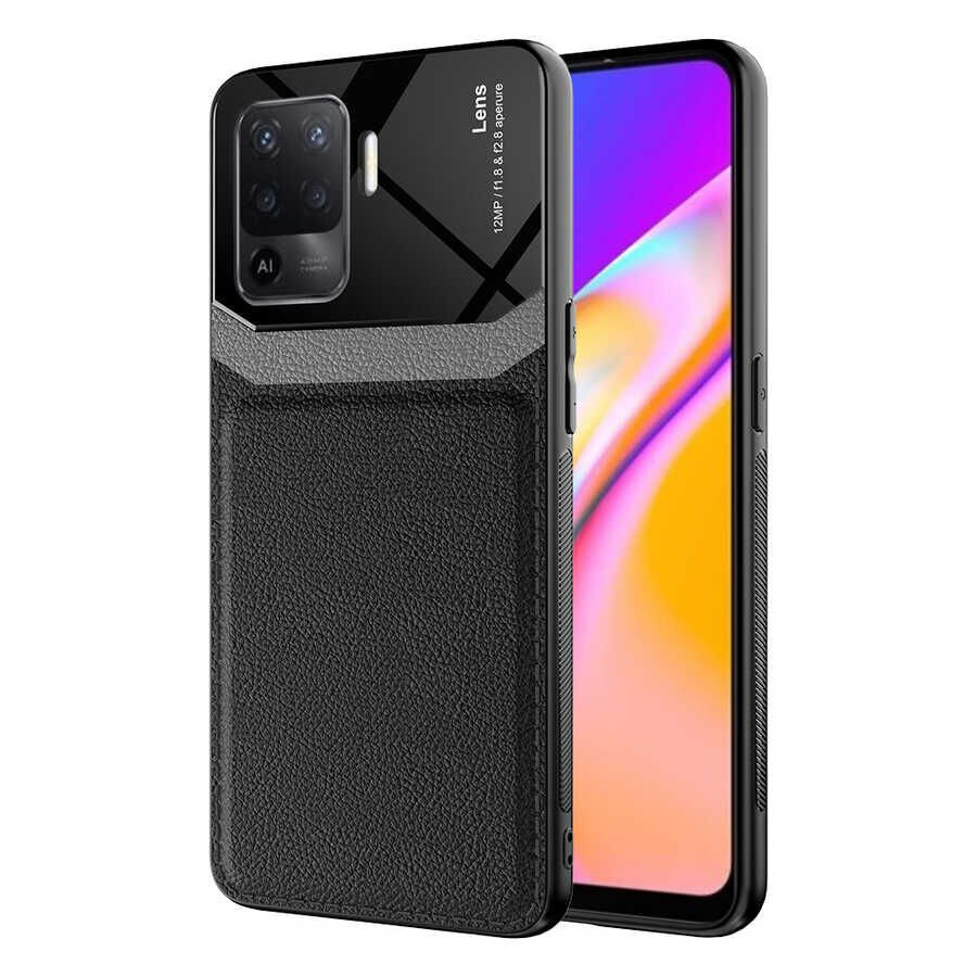 Oppo Reno 5 Lite Kılıf Parlak Sert Pc Deri Görünümlü Şık Tasarım Silikon Kapak (Emiks) Siyah