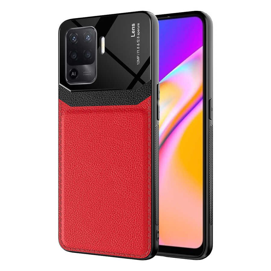 Oppo Reno 5 Lite Kılıf Parlak Sert Pc Deri Görünümlü Şık Tasarım Silikon Kapak (Emiks) Kırmızı