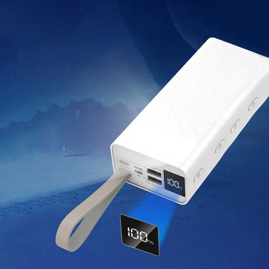 Askılı Led Göstergeli Taşınabilir Powerbank 30000 mAh (B-30) Beyaz