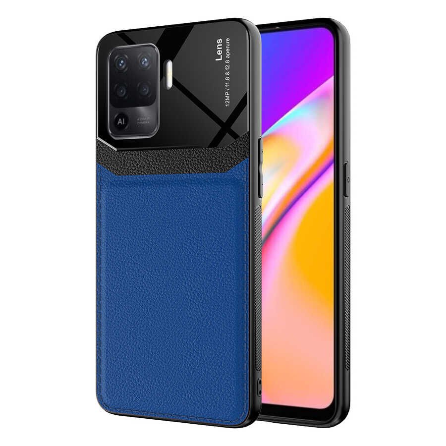 Oppo Reno 5 Lite Kılıf Parlak Sert Pc Deri Görünümlü Şık Tasarım Silikon Kapak (Emiks) Lacivert