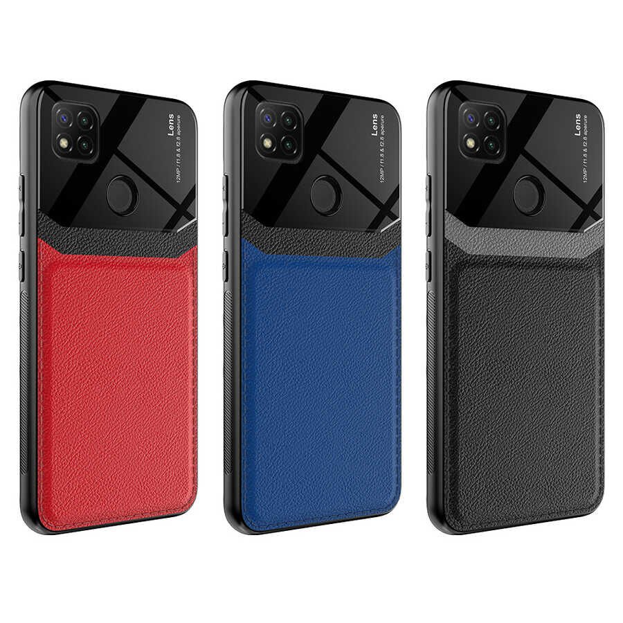 Xiaomi Redmi 9C Kılıf Parlak Sert Pc Deri Görünümlü Şık Tasarım Silikon Kapak (Emiks) Kırmızı