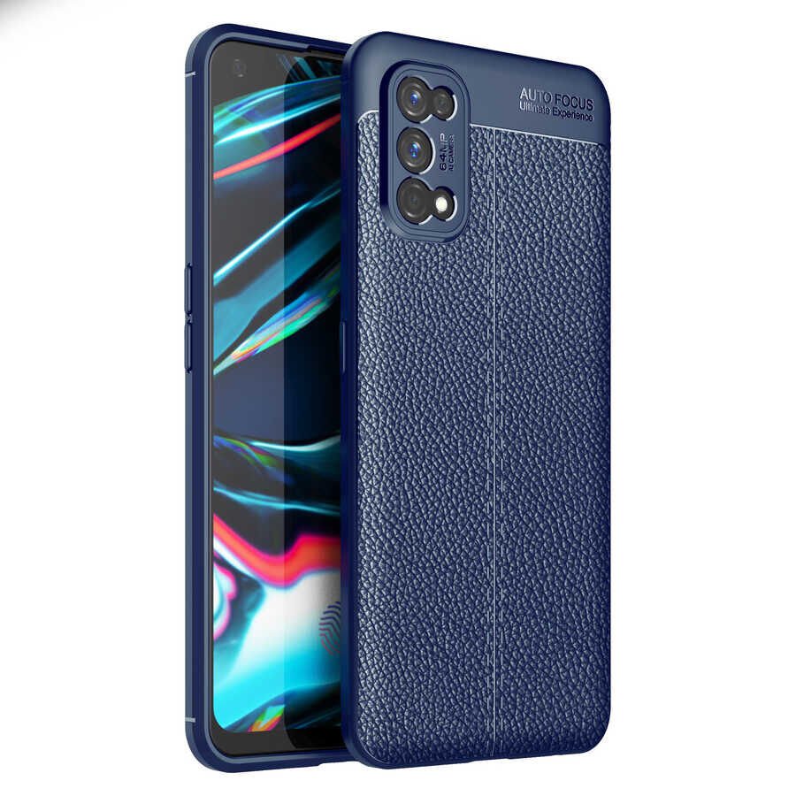 Realme 7 Pro Kılıf Deri Görünümlü Renk Atmayan Dayanaklı Silikon Kapak (NİSS) Siyah