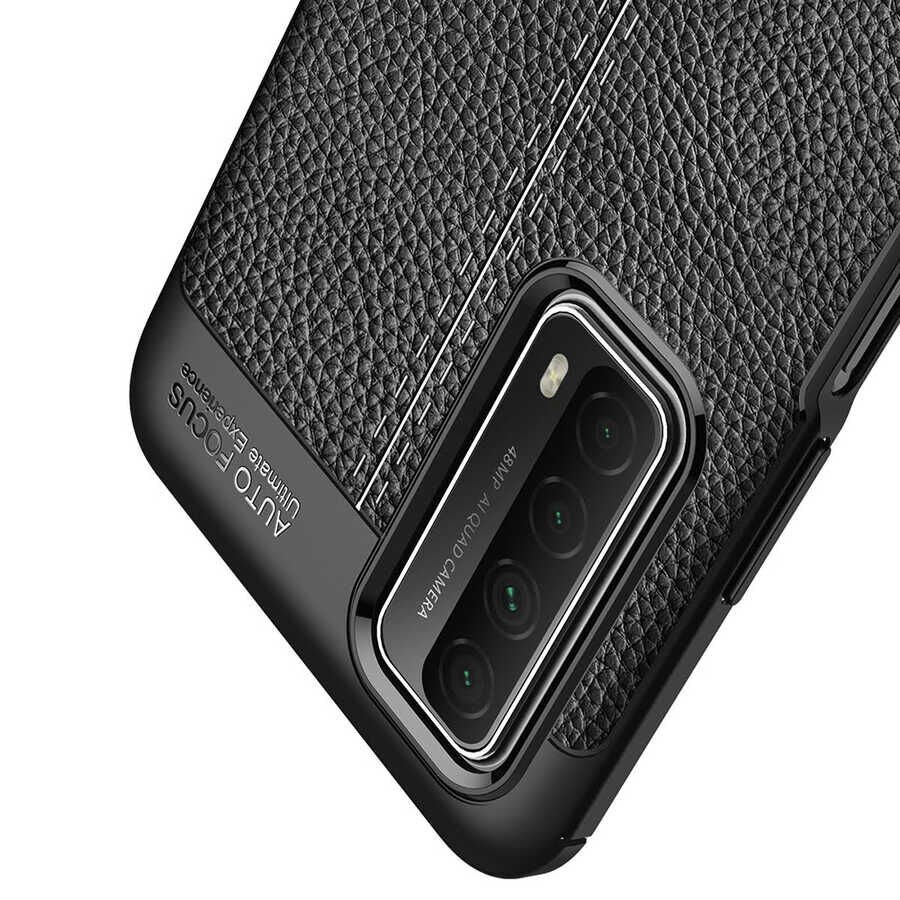 Huawei P Smart 2021 Kılıf Deri Görünümlü Renk Atmayan Dayanaklı Silikon Kapak (NİSS) Siyah