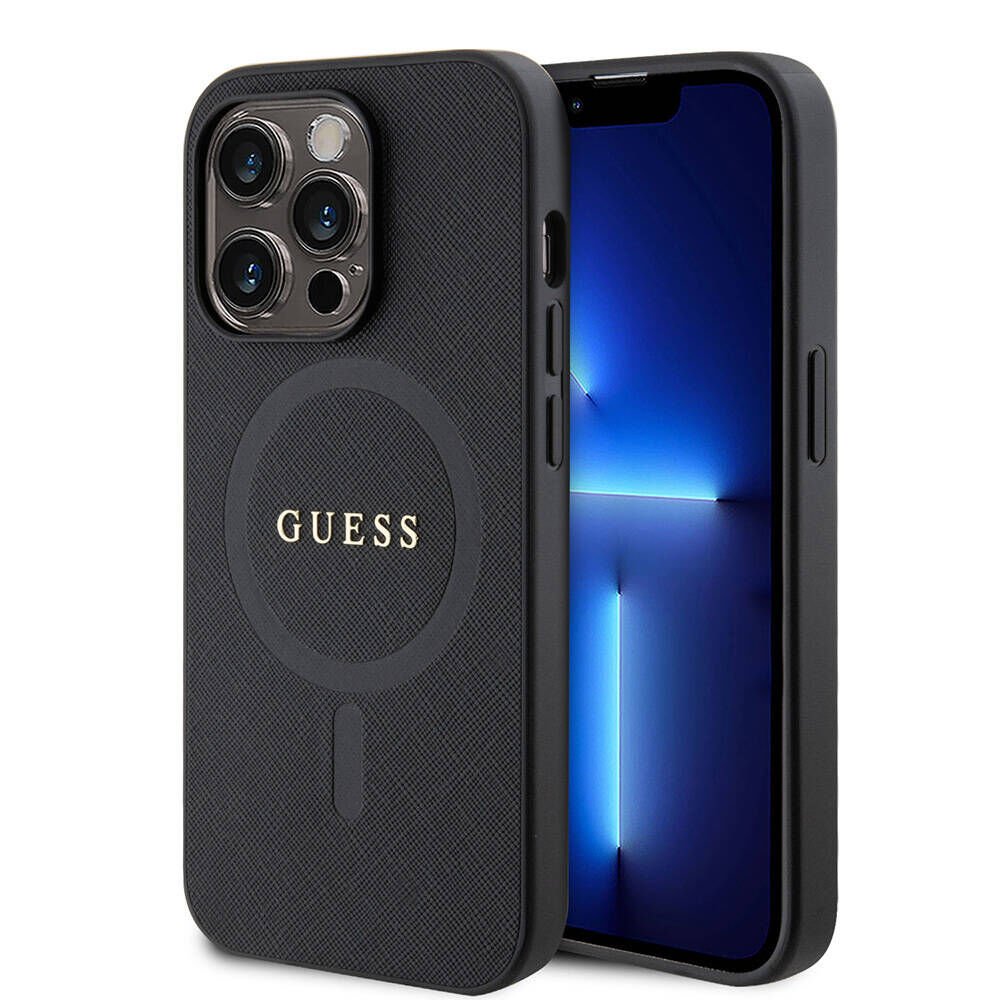 Apple iPhone 14 Pro Max Kılıf Guess Orjinal Lisanslı Magsafe Şarj Özellikli Yazı Logolu Saffiano Kapak