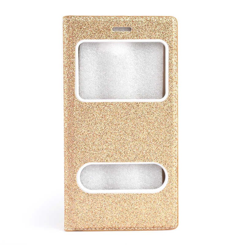 Samsung Galaxy C7 Kapaklı Kılıf Simli Mıknatıslı Kapak (DOLCE-SİM) Gold
