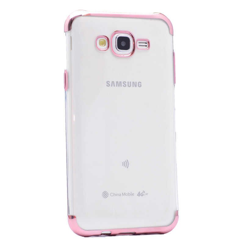 Samsung Galaxy J7 Kılıf Dört Köşe Renkli Lazer Şeffaf Silikon Kapak (GLİTTER) Rose Gold