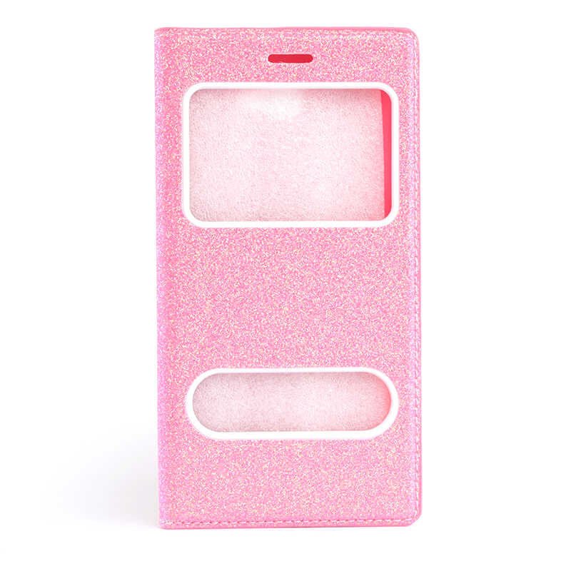 Samsung Galaxy C7 Kapaklı Kılıf Simli Mıknatıslı Kapak (DOLCE-SİM) Pembe Açık