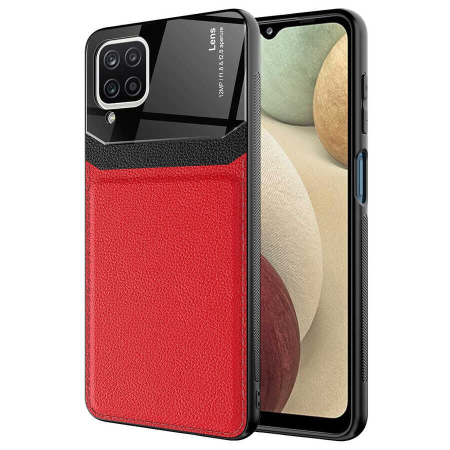 Samsung Galaxy A12 Kılıf Parlak Sert Pc Deri Görünümlü Şık Tasarım Silikon Kapak (Emiks) Siyah