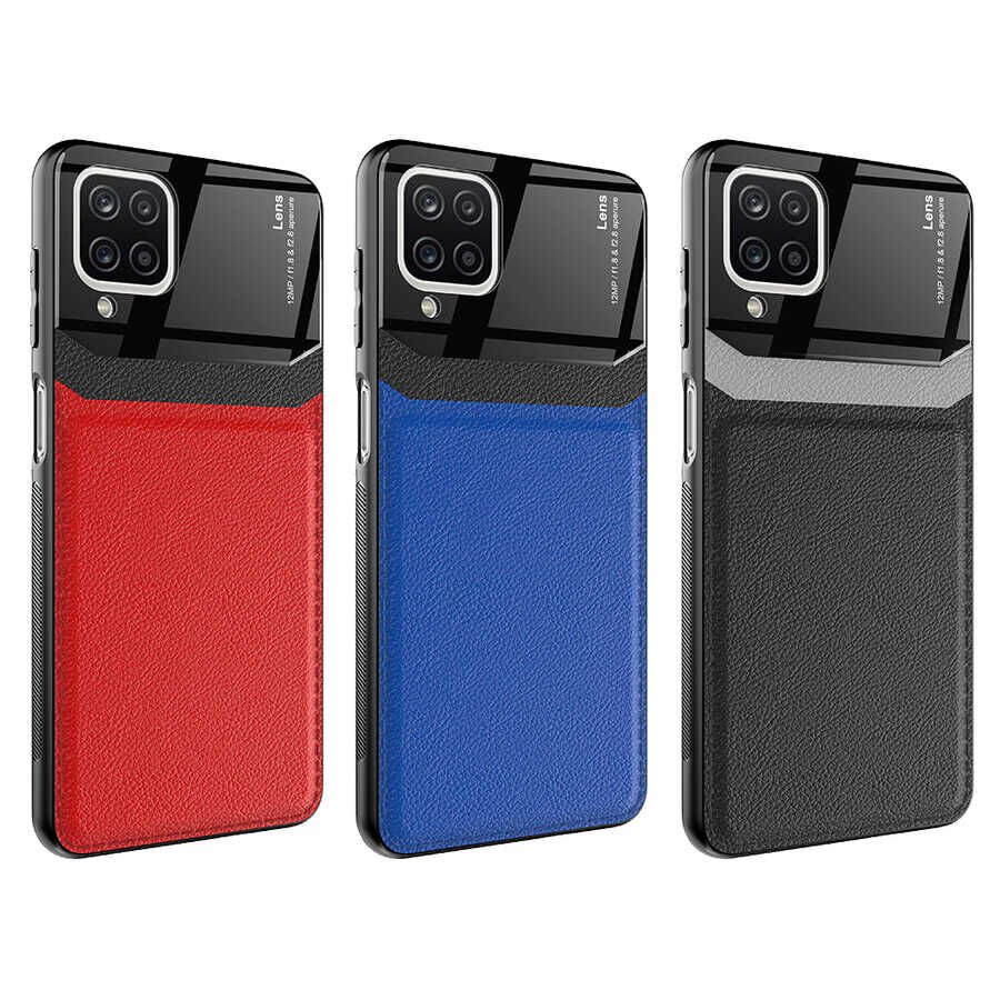 Samsung Galaxy A12 Kılıf Parlak Sert Pc Deri Görünümlü Şık Tasarım Silikon Kapak (Emiks) Siyah