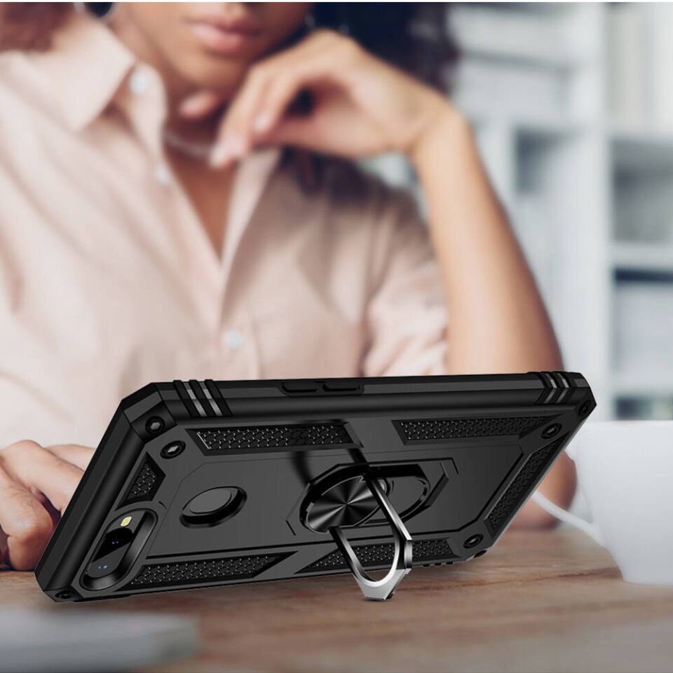 Oppo AX7 Kılıf Tank Zırh Yüzüklü Mıknatıslı Standlı Kapak (VEGA) Siyah
