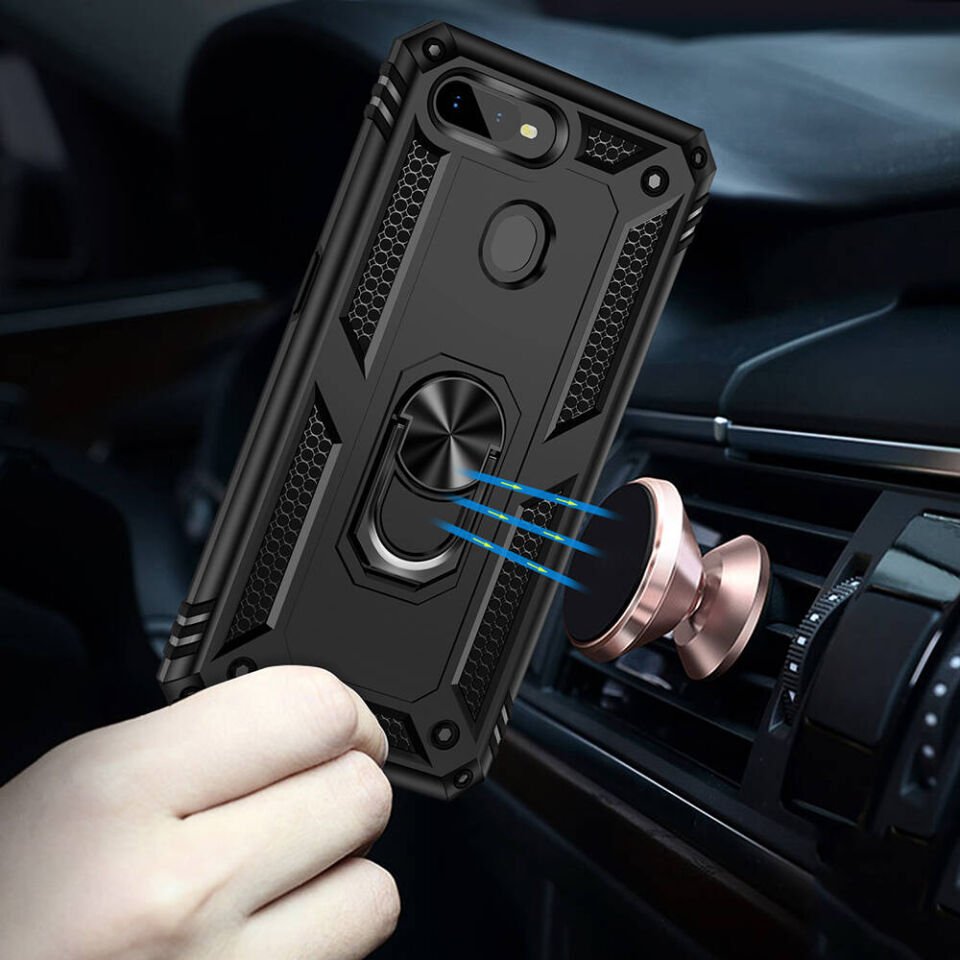 Oppo AX7 Kılıf Tank Zırh Yüzüklü Mıknatıslı Standlı Kapak (VEGA) Siyah