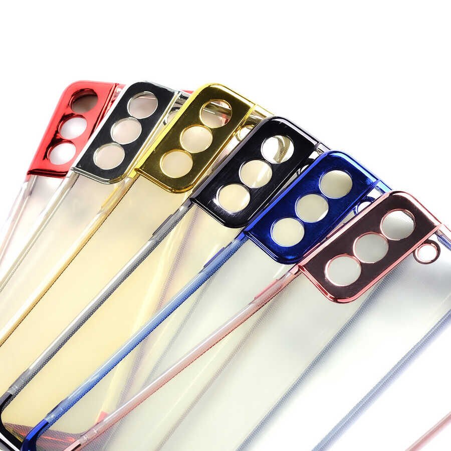 Samsung Galaxy S21 Plus Kılıf Dört Köşe Renkli Lazer Şeffaf Silikon Kapak (GLİTTER) Mavi