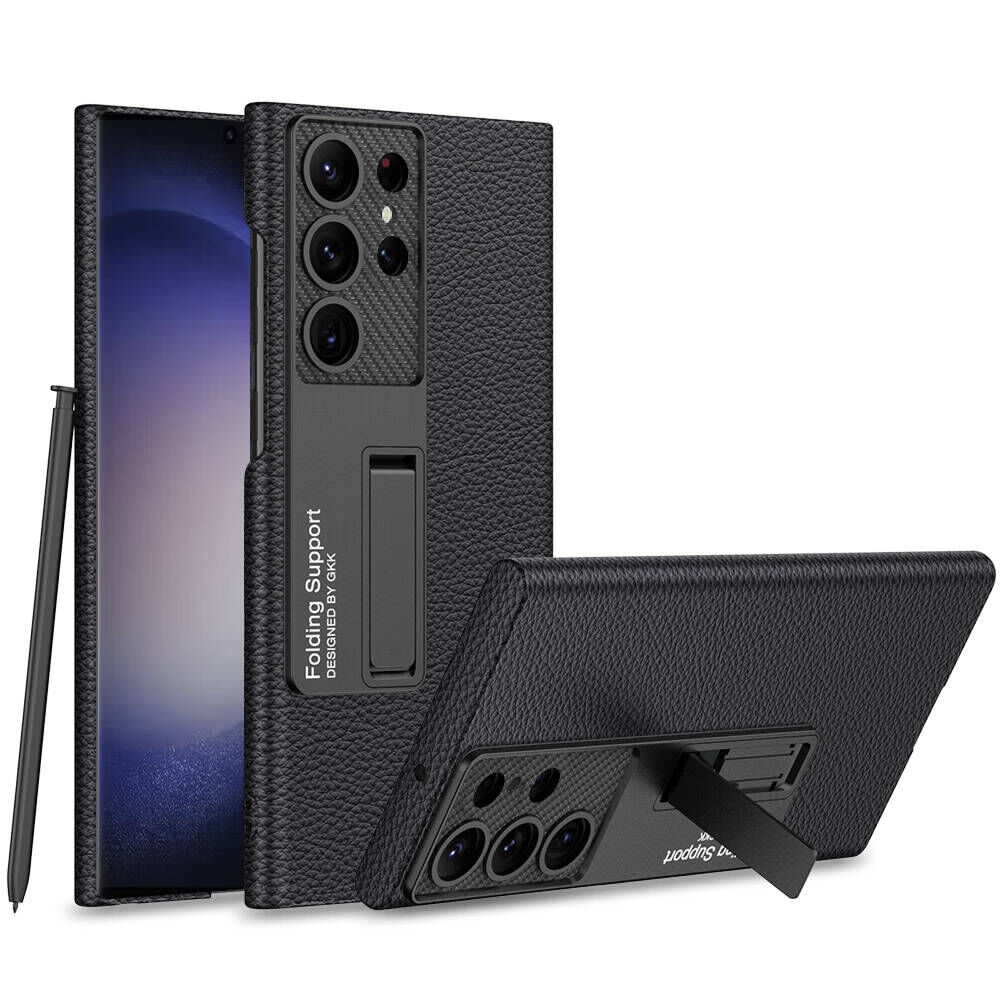 Samsung Galaxy S24 Ultra Kılıf Standlı Karbon Fiber ve Suni Deri Görünümlü Şık Kapak (KIPTA-STANDLI) Siyah