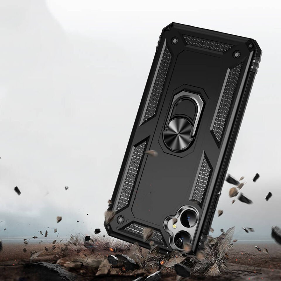 Samsung Galaxy A05 Kılıf Tank Zırh Yüzüklü Mıknatıslı Standlı Kapak (VEGA) Siyah