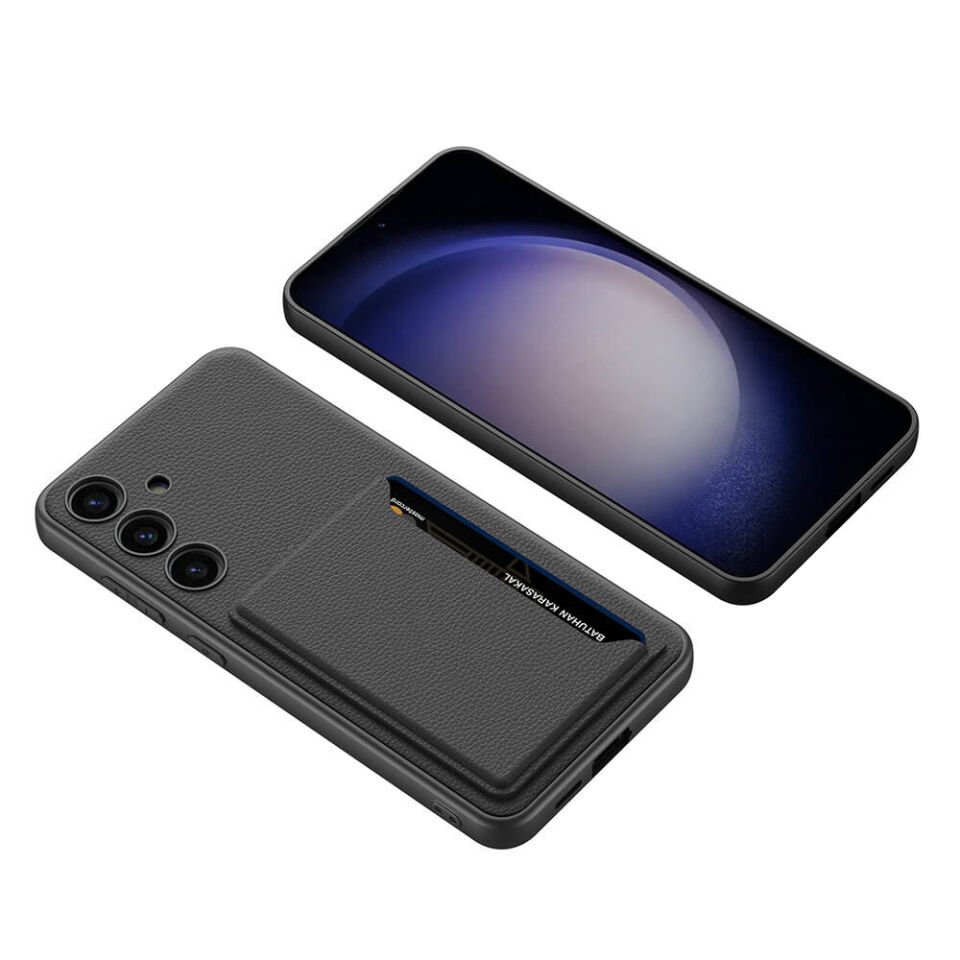 Samsung Galaxy S24 Kılıf Suni Deri Sürgülü Kamera Korumalı Silikon Kapak (Kartlıklı Kıpta) Siyah