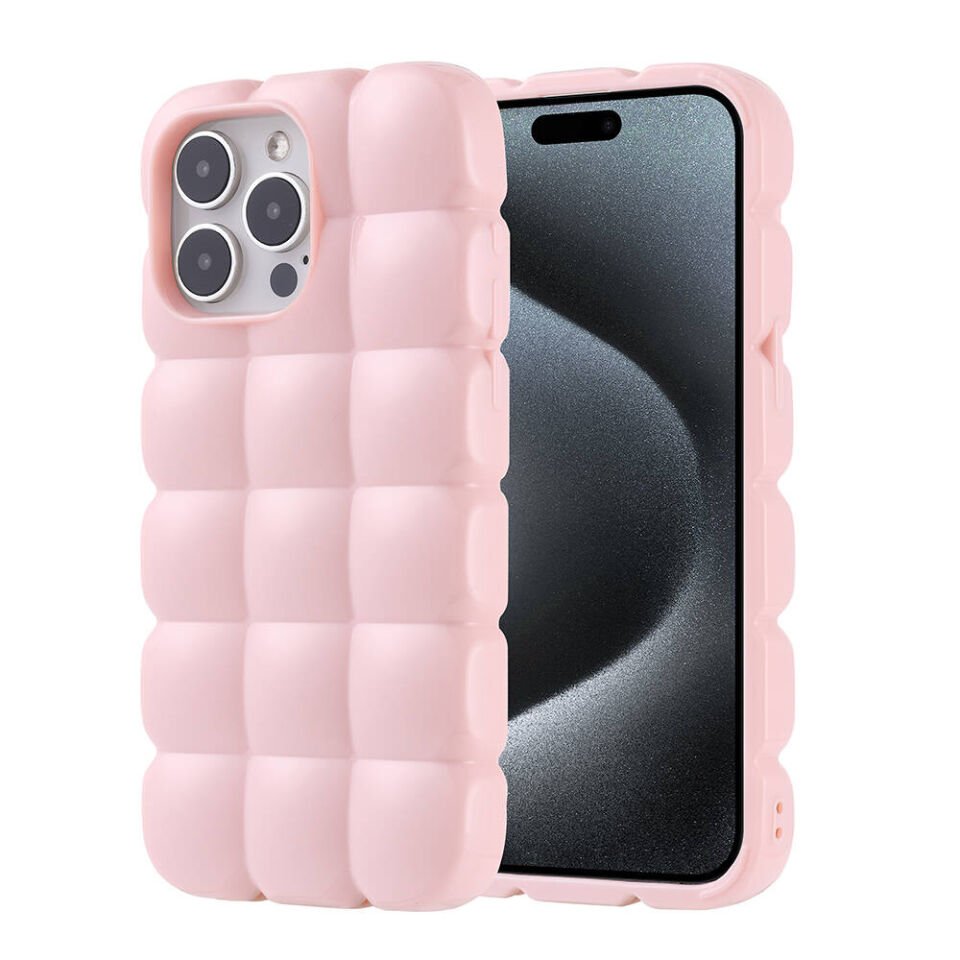Apple iPhone 15 Pro Max Kılıf Parlak Esnek Silikon Küp Dilimli Kabartmalı Yapılı Kapak (DOM) Pembe