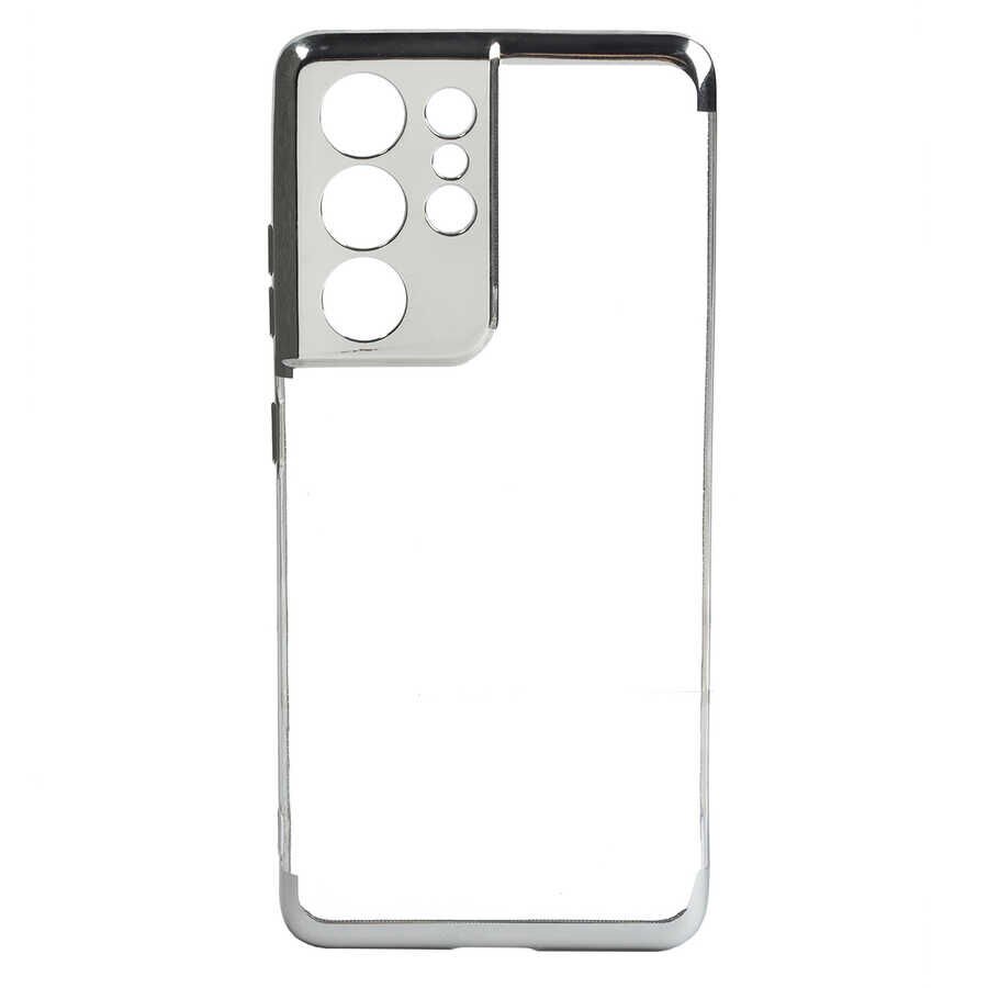 Samsung Galaxy S21 Ultra Kılıf Dört Köşe Renkli Lazer Şeffaf Silikon Kapak (GLİTTER) Gri
